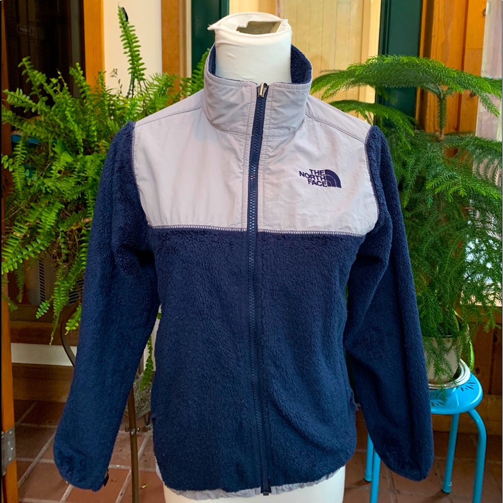 Blue and grey North Face fleece sweatshirt